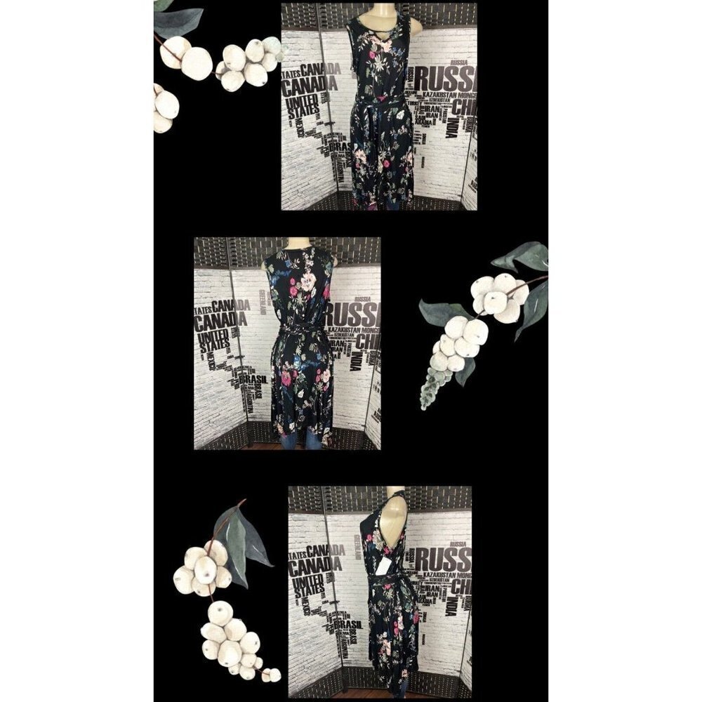 Chelsea Studio 1X Black Floral Print Keyhole Neck Tie Belt Hanky Hem Dress